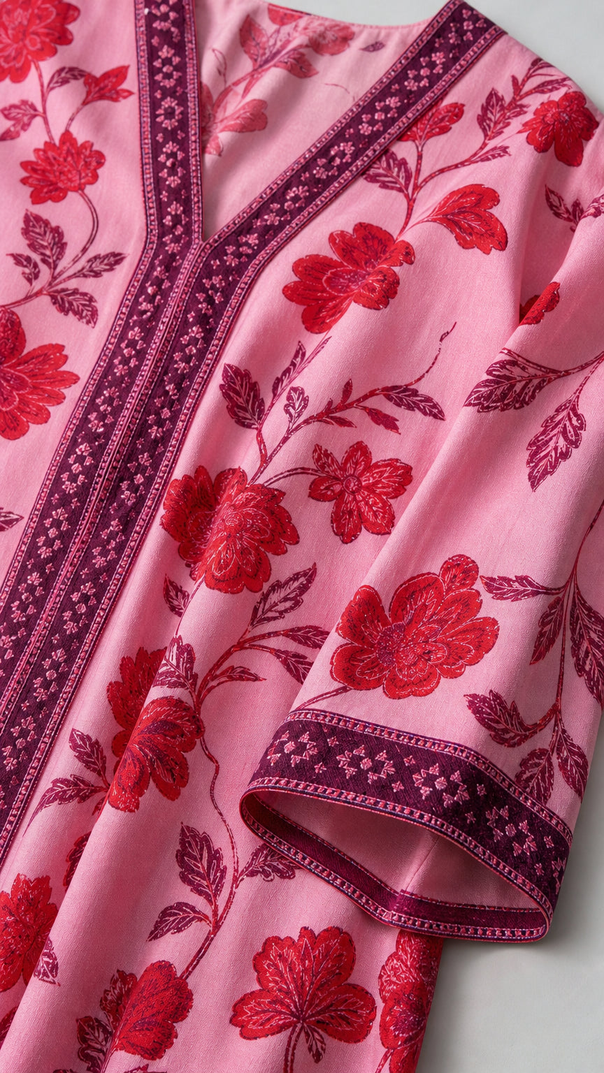 Close-up detail of V-neckline and fabric pattern on pink kaftan