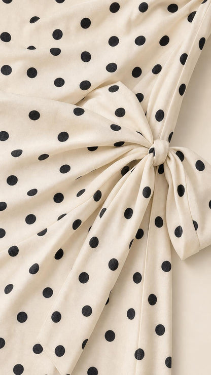 Close-up of fabric texture and waist tie detail on cream polka dot dress