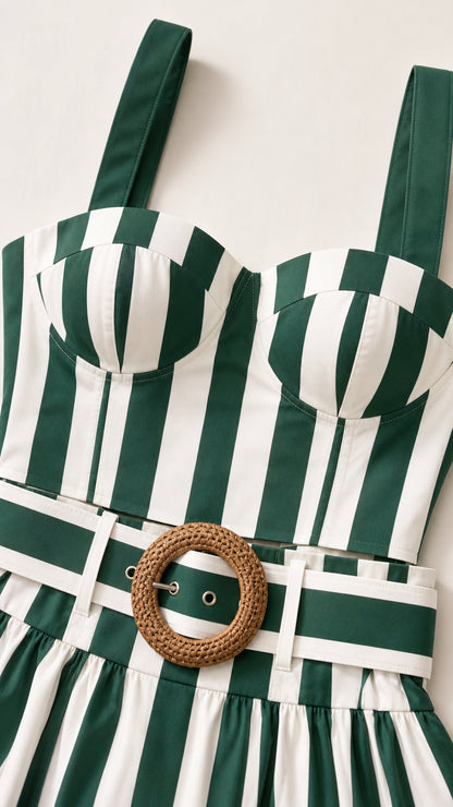 Close-up detail of green striped bustier bodice and woven belt