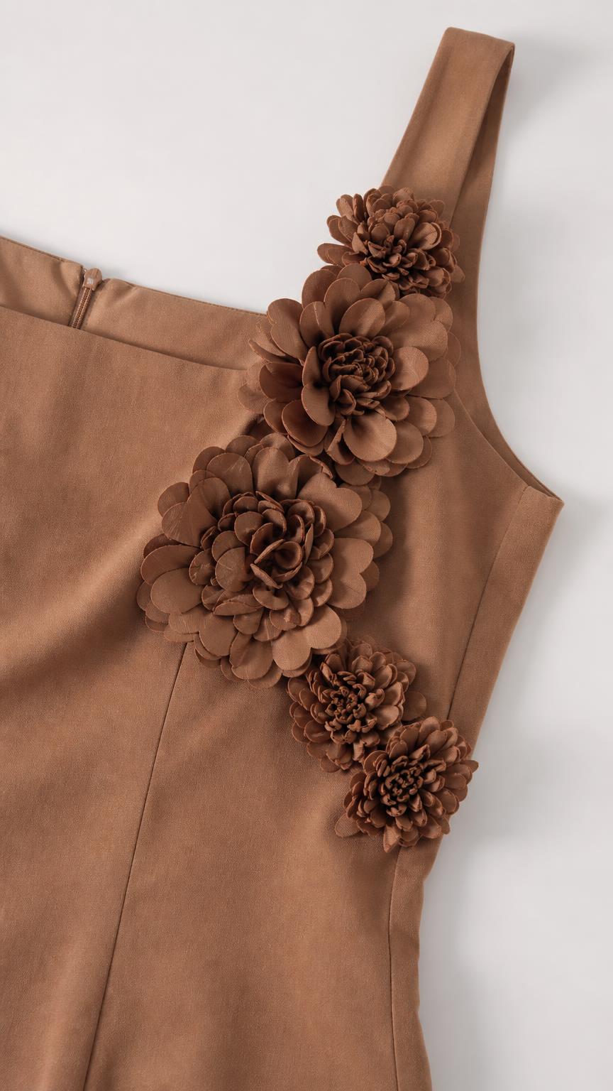 Close up detail of 3D fabric flowers on camel dress bodice