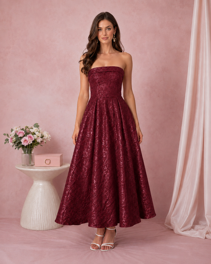 Front view of burgundy strapless jacquard A-line midi dress