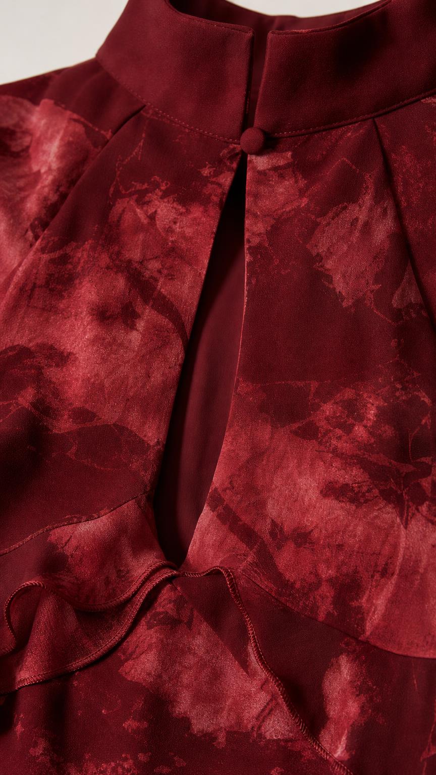 Close-up detail of halter neckline, button, and keyhole cutout