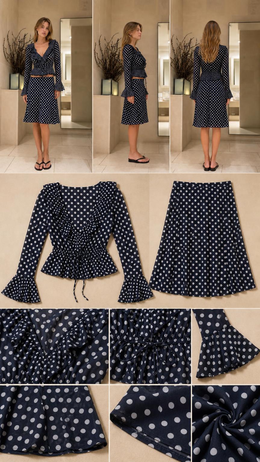 Flat lay and detail shots of Navy Blue polka dot set components