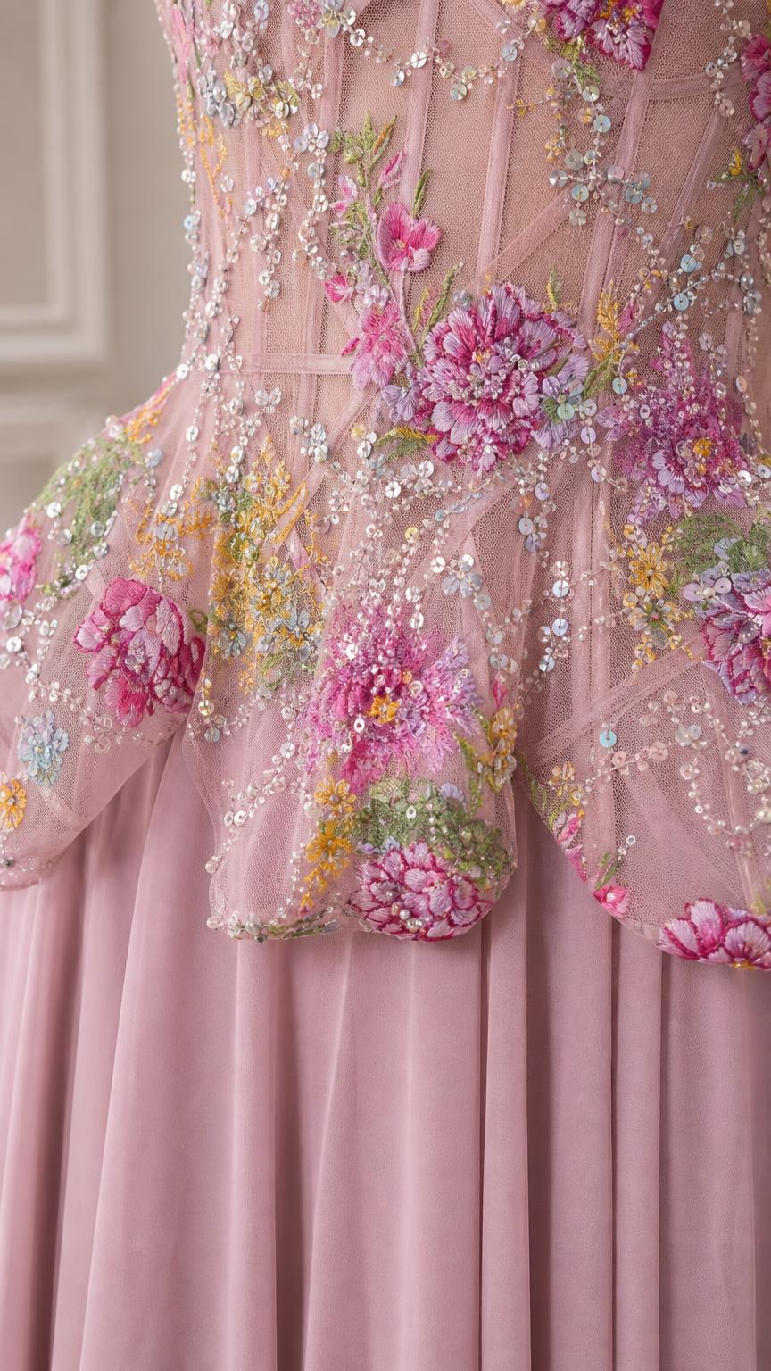 Close-up detail of floral embroidery and peplum waist