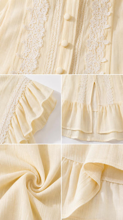 Close-up details of buttons, lace trim, and textured fabric on yellow dress