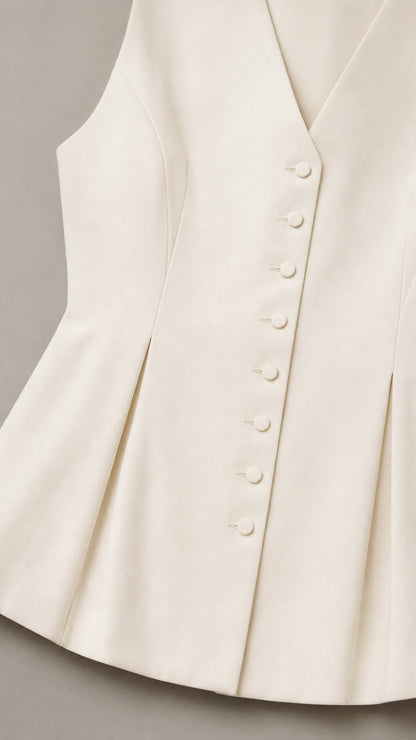 Close up of white vest button details and peplum hem