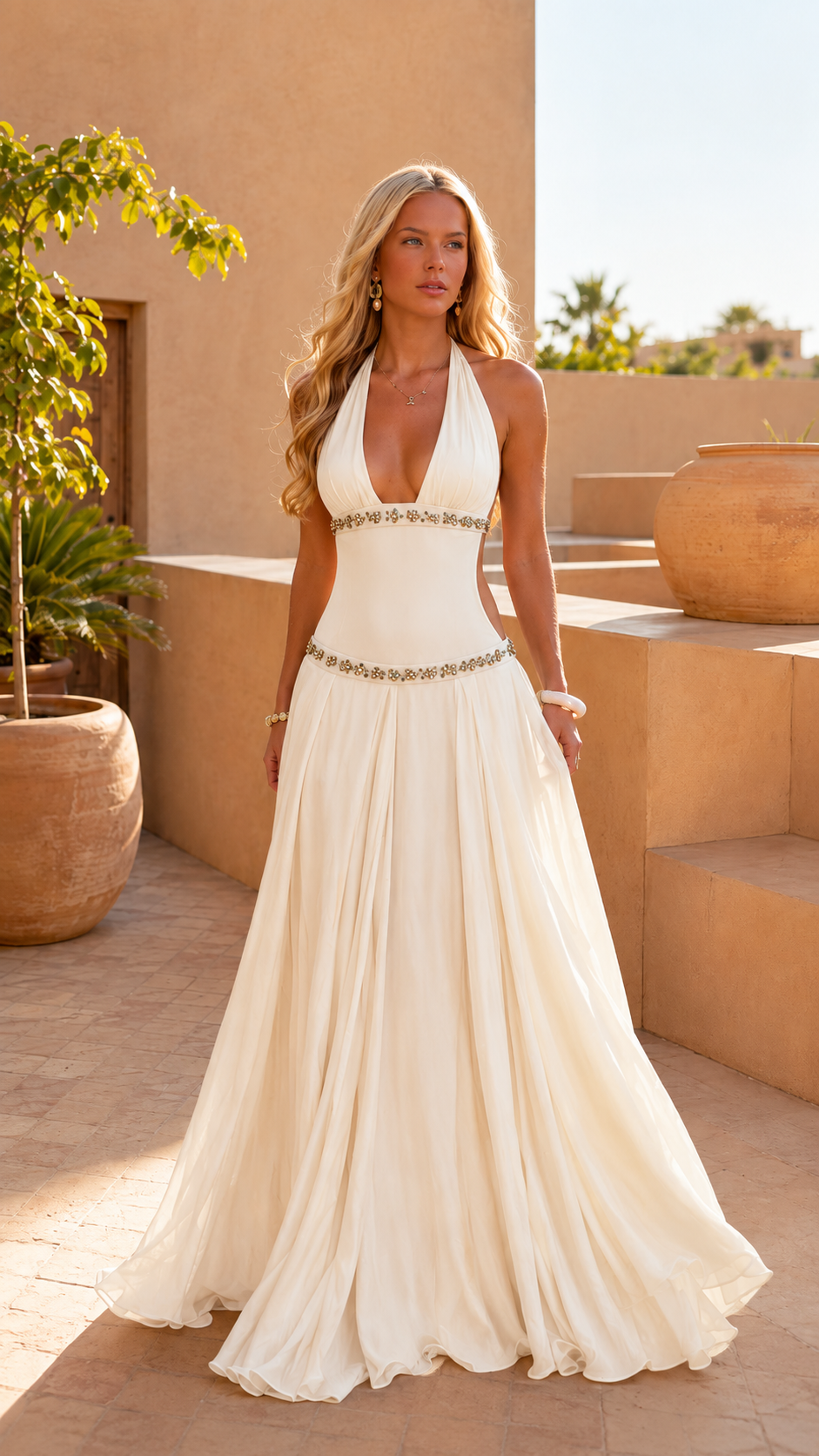 Front view of ivory halter maxi dress with plunging neckline and flowing hem