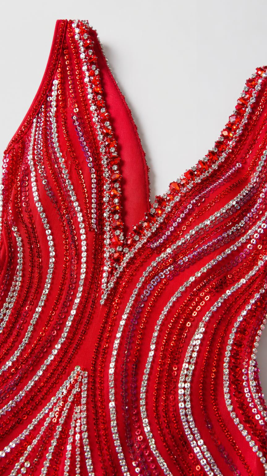Close up detail of red sequin and bead embellishments