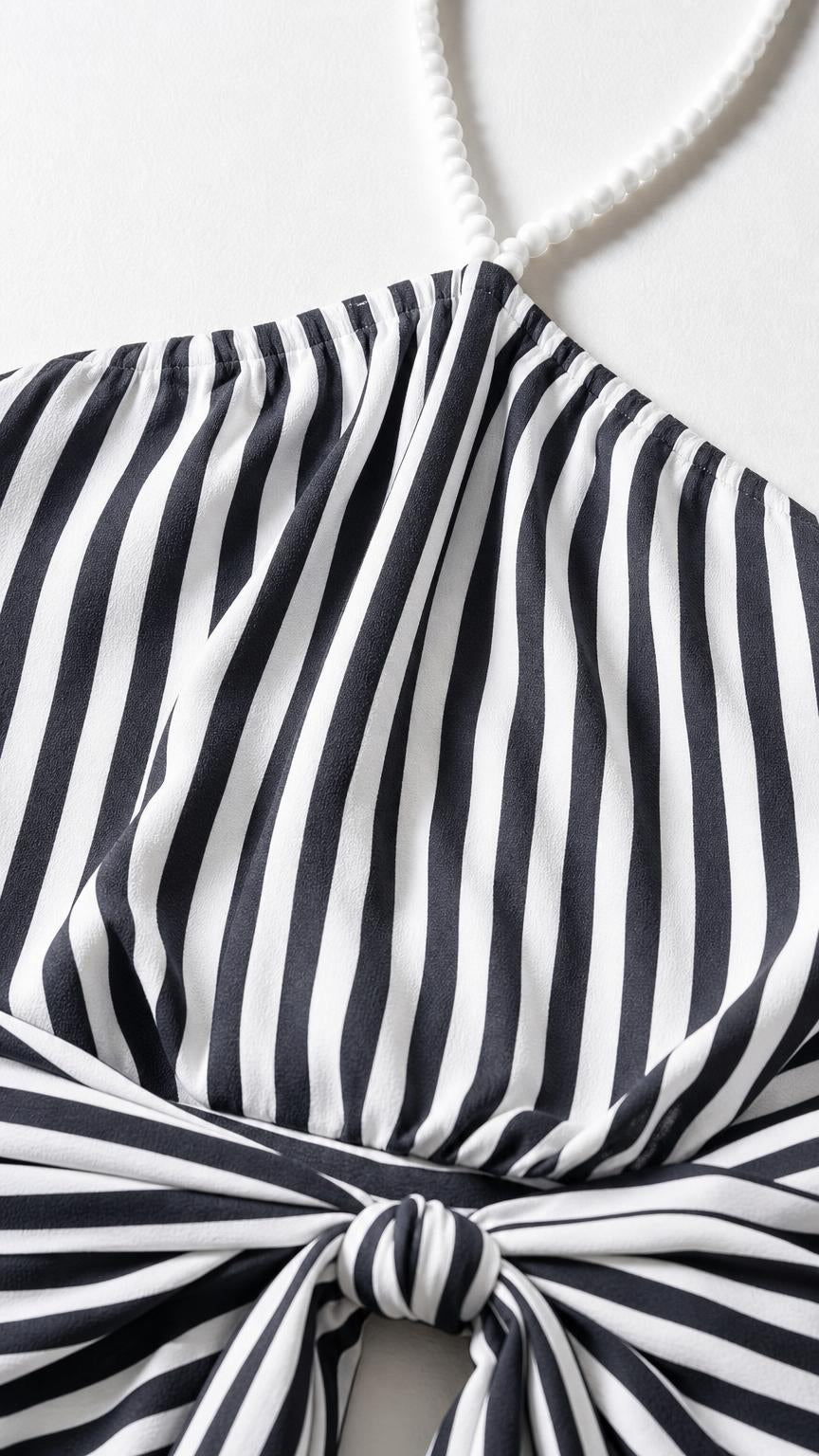 Close-up detail of halter neckline and knotted strap on striped dress