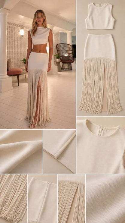 Detail view of white crop top, skirt fabric texture, and fringe trim