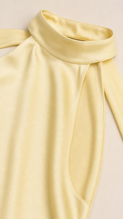 Close-up detail of the high halter neckline and fabric of the yellow dress