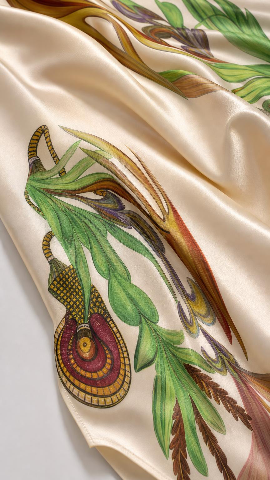 Close-up of smooth satin fabric and botanical floral print detail