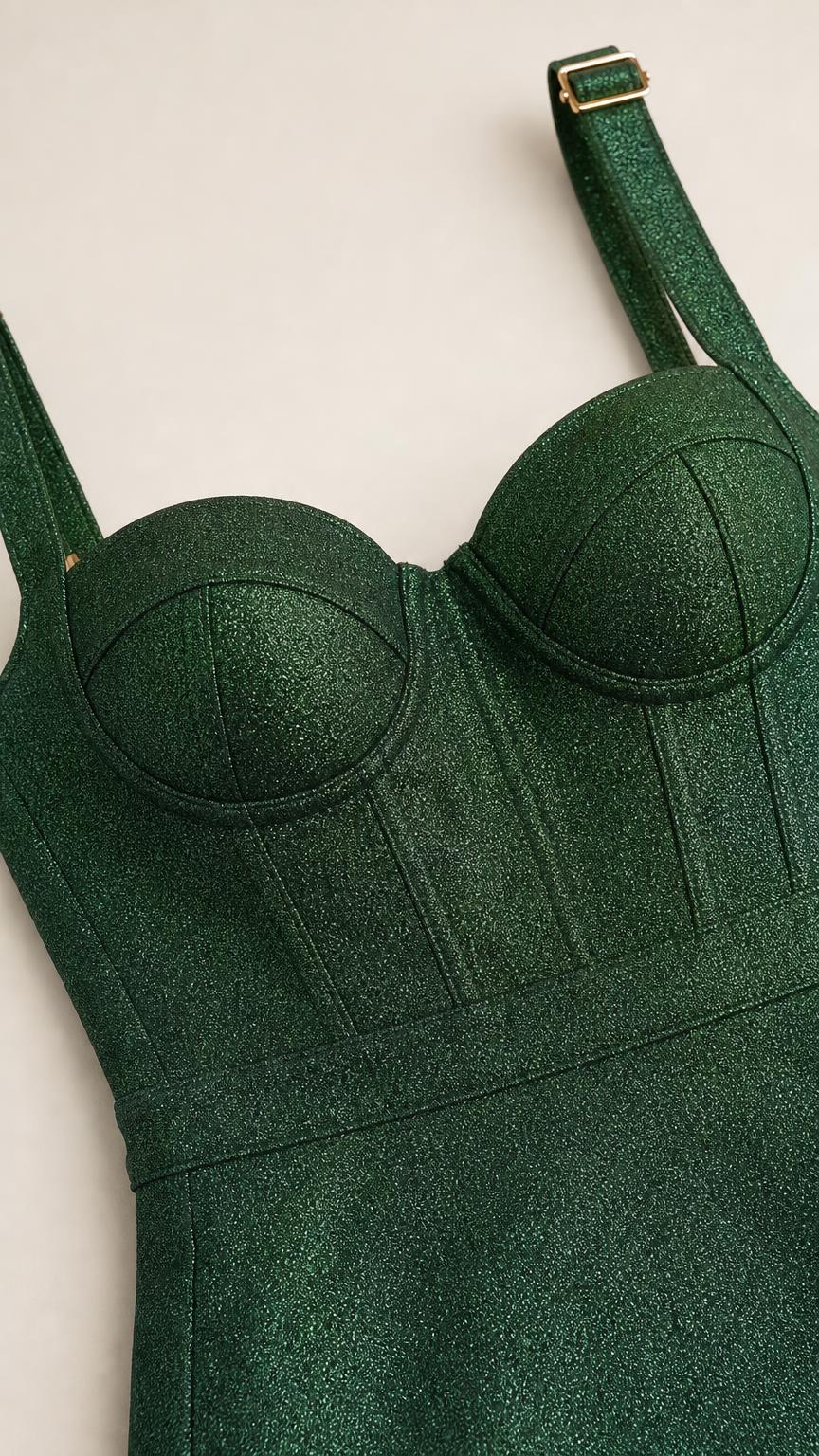 Close-up of bodice detail on green glitter midi dress