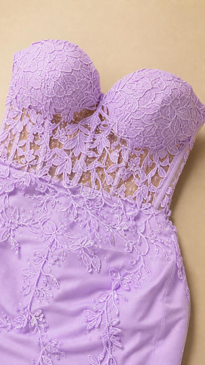 Close-up detail of sweetheart neckline and sheer lace bodice