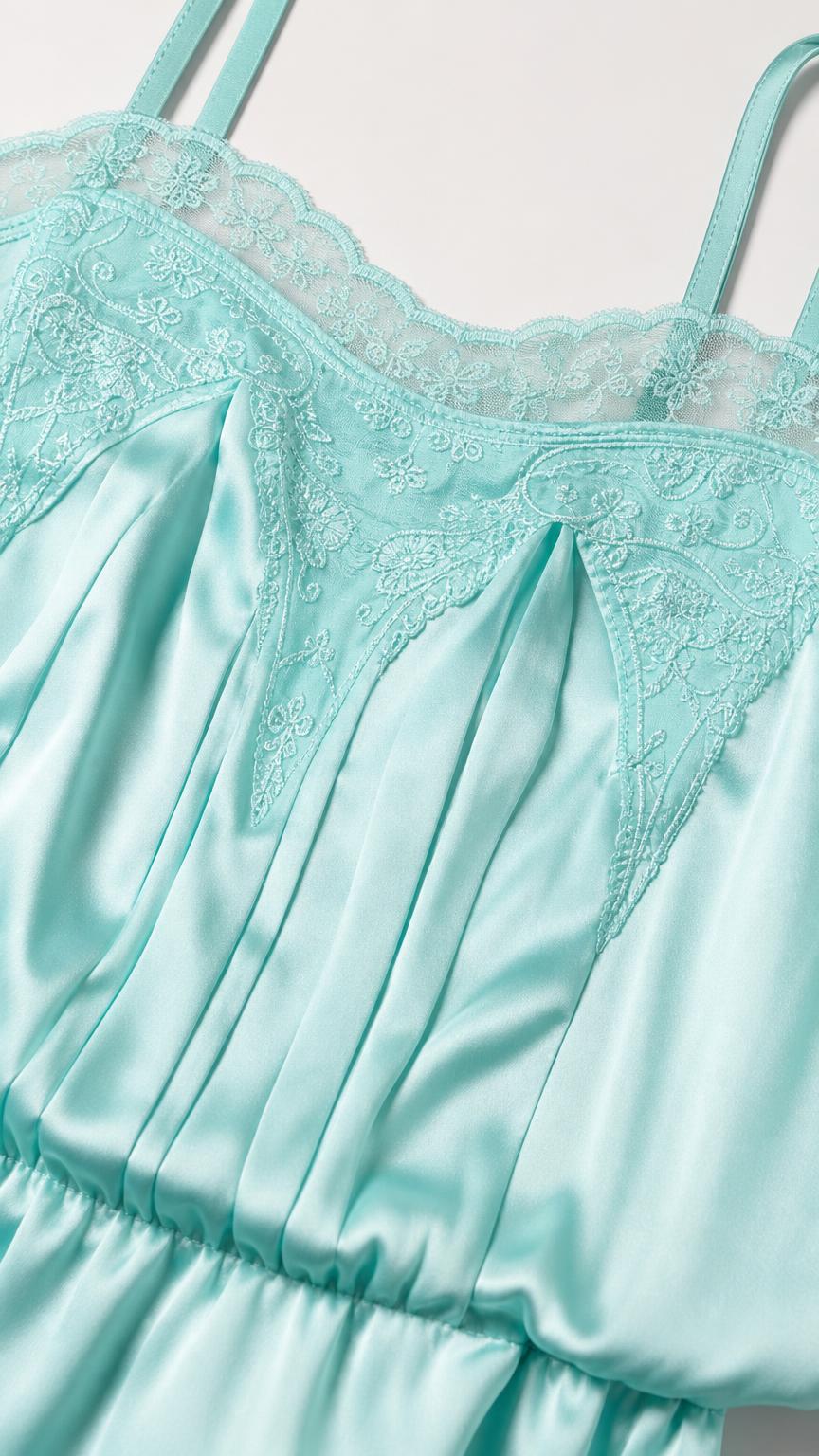 Close up of mint satin romper lace bodice detail