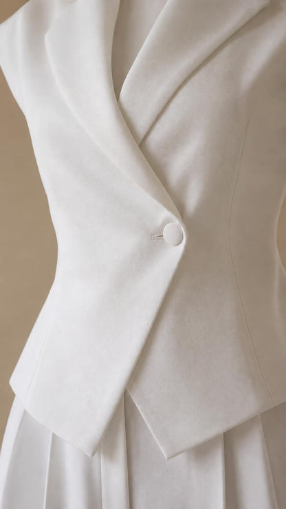 Close-up of lapel collar and single button on white vest
