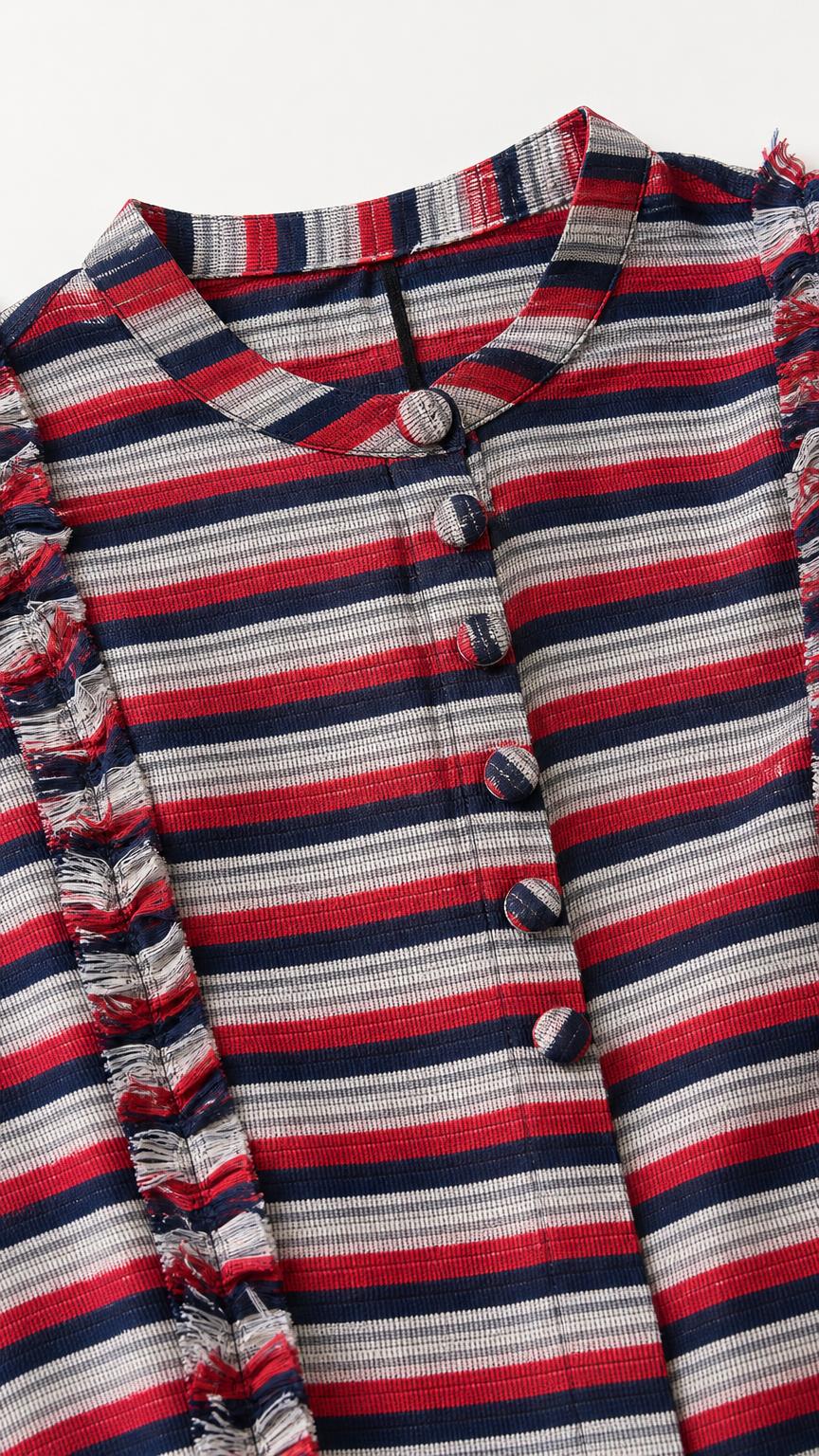 Close-up of fabric, buttons, and ruffle trim details