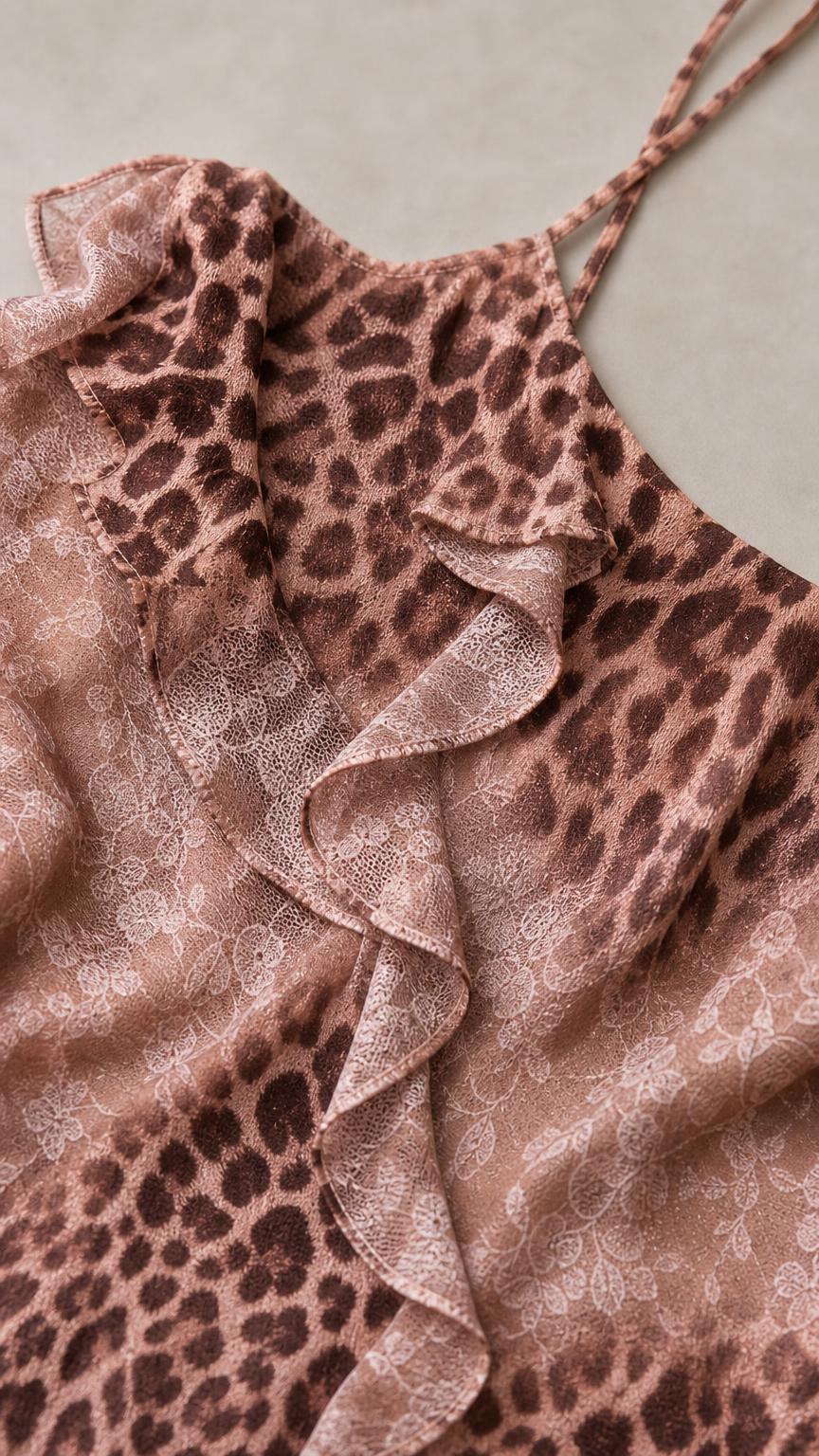 Close-up detail of fabric, pattern, and ruffle trim