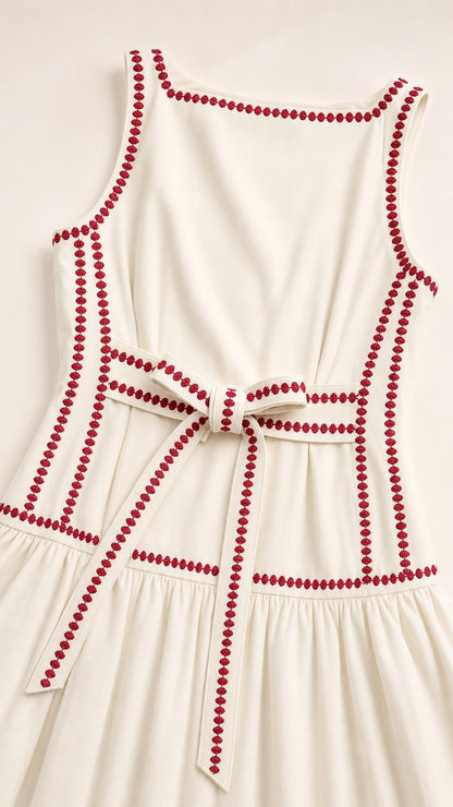 Close-up detail of embroidery and back bow
