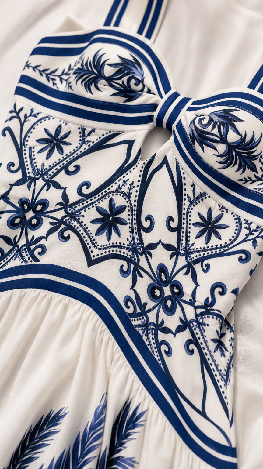 Close-up detail of the bodice, straps, and cutout on the white dress