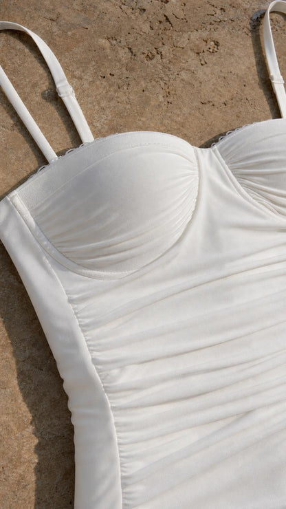 Close-up detail of structured sweetheart bustier and ruching