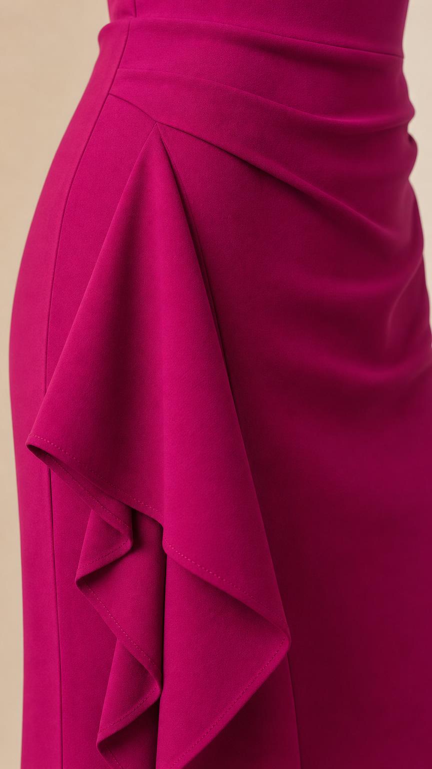 Close-up detail of side ruffle cascade on fuchsia dress