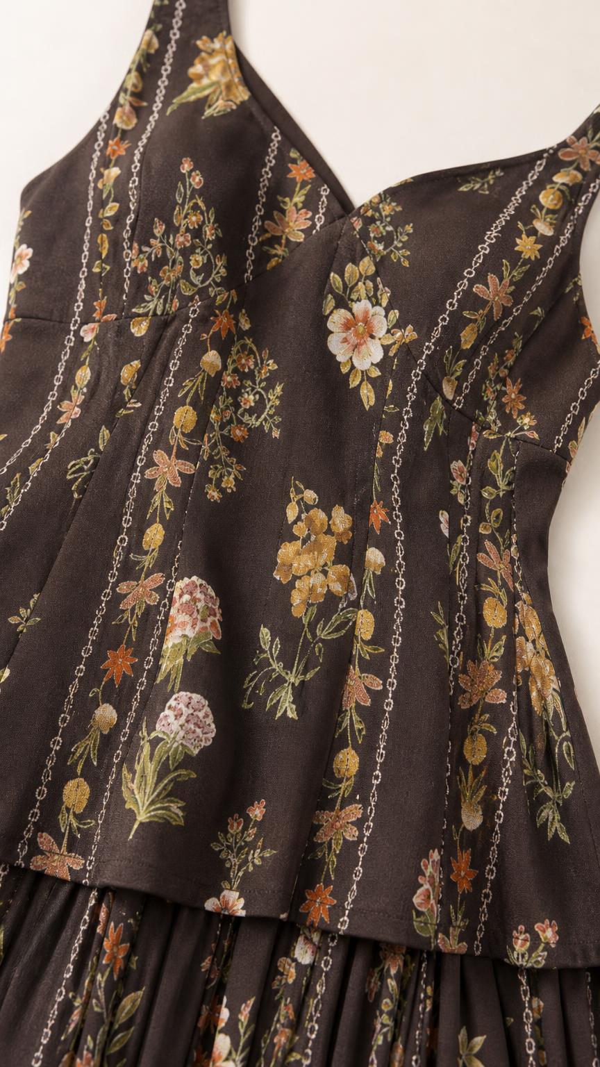 Close-up detail of brown floral print fabric and V-neckline