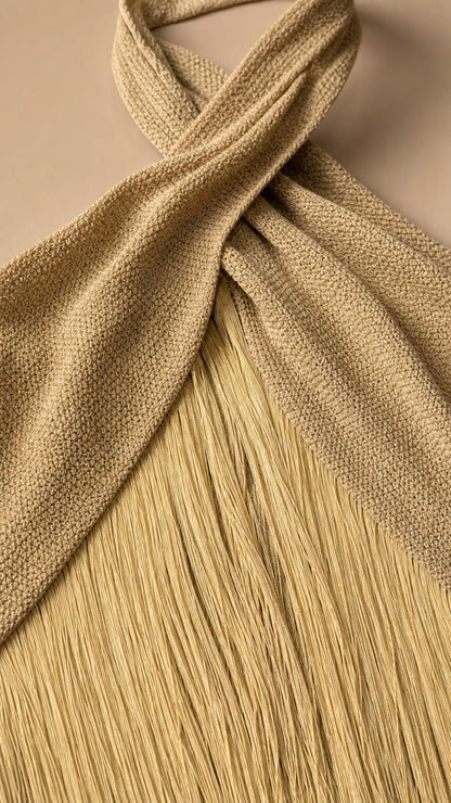 Close-up of textured knit fabric and fringe texture