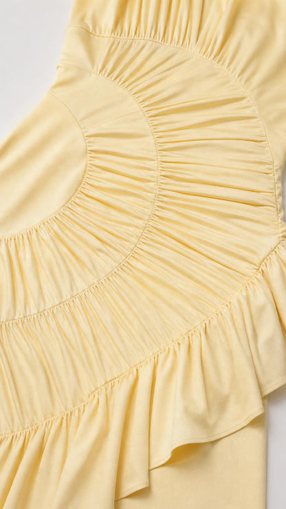 Close-up detail of sunburst ruching and ruffle on Light Yellow dress