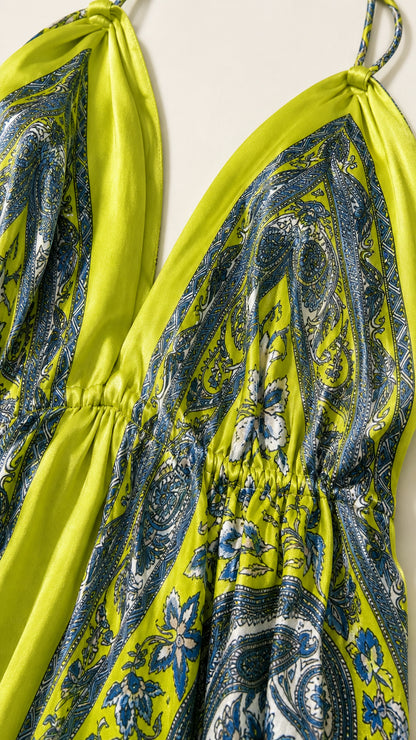 Close-up of plunging neckline and patterned fabric detail