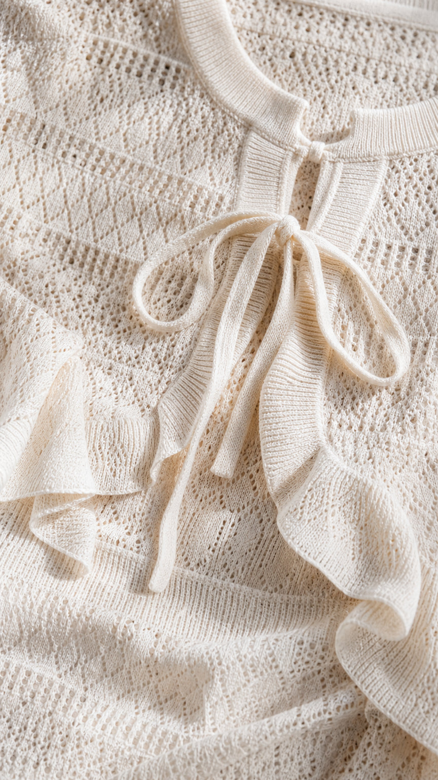 Close-up detail of cardigan tie front and knit texture