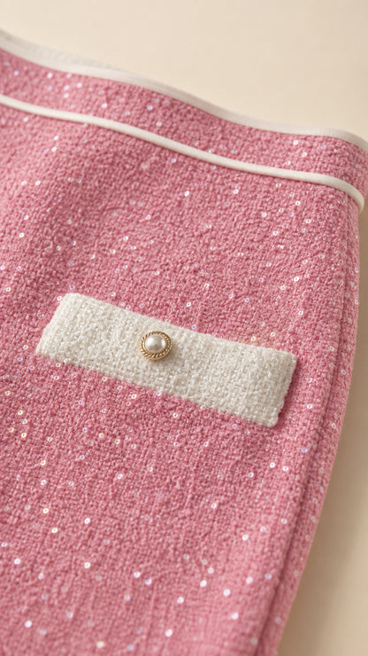 Close-up detail of pink sequin fabric and pocket accent