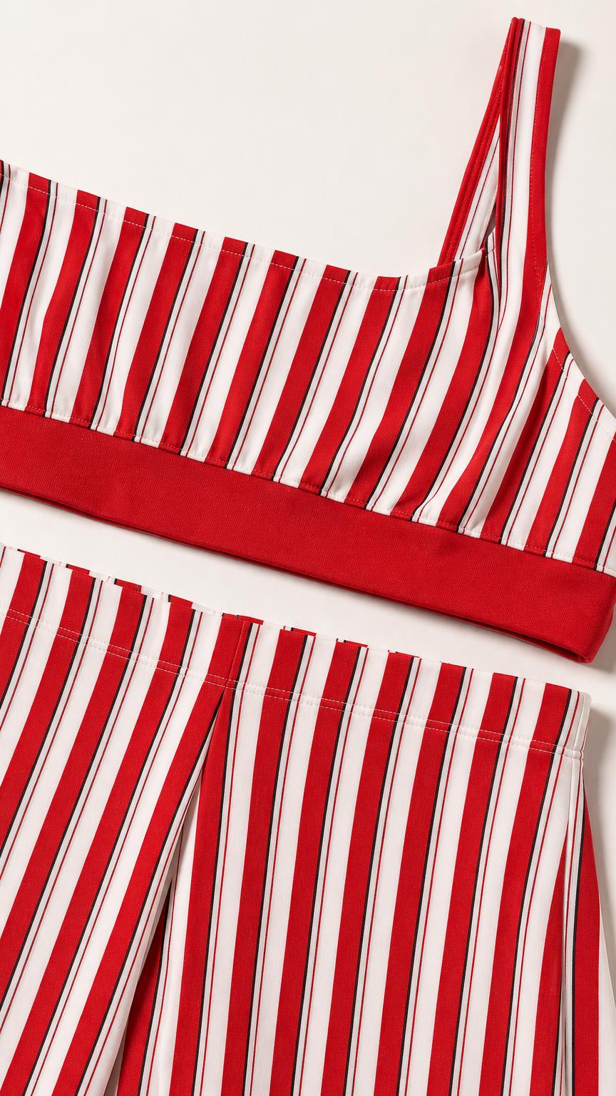 Close-up detail of red and white striped crop top and skirt waistband