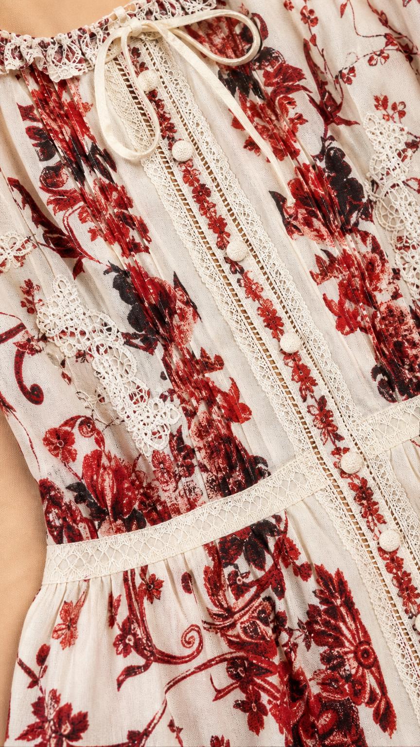 Close-up of lace trim and button details on white floral dress