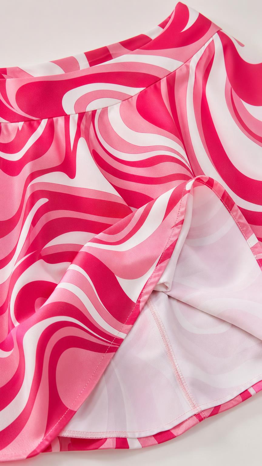 Close-up of the fabric texture and interior lining of the swirl print skirt