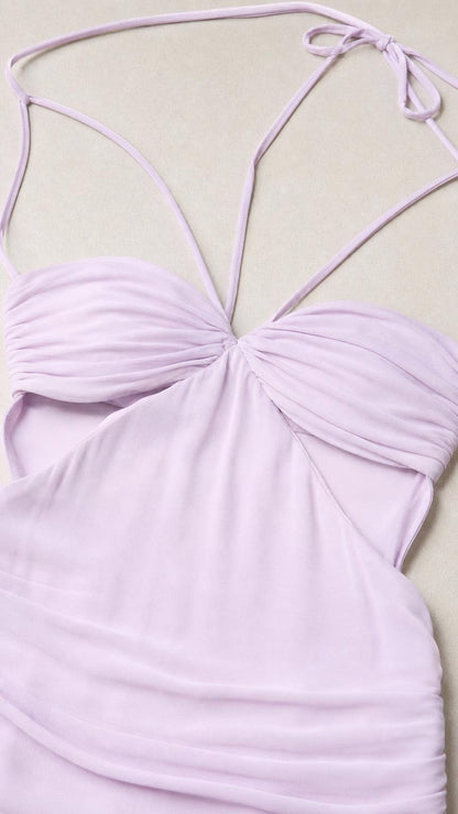 Close up of lavender dress halter straps and bodice