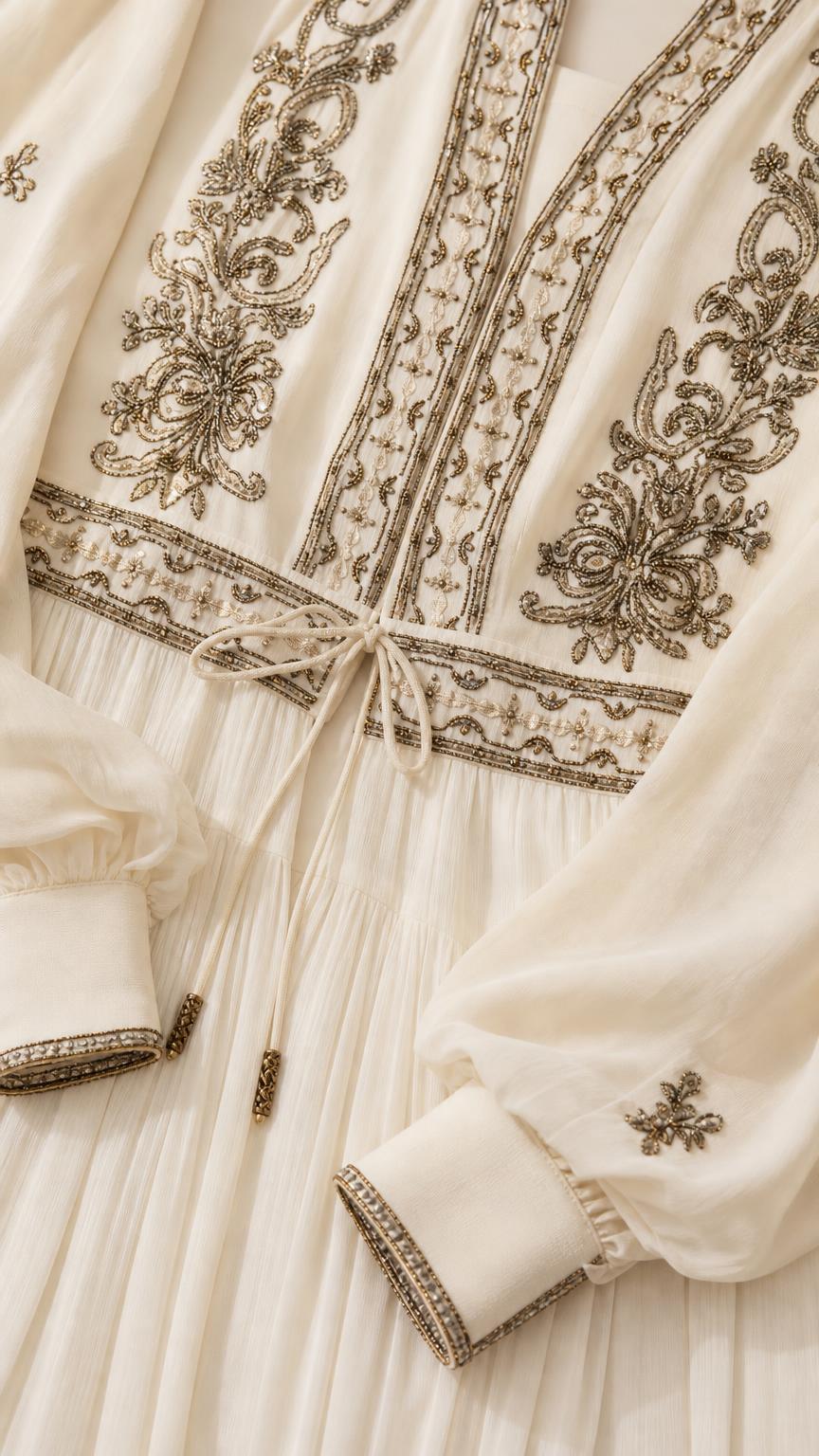 Close-up of bodice embroidery and cuffs on Ivory maxi dress