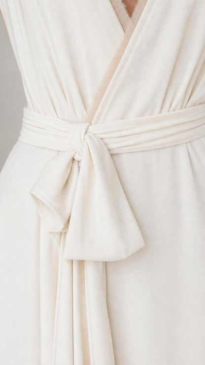 Close-up detail of the waist tie and bow on the white dress