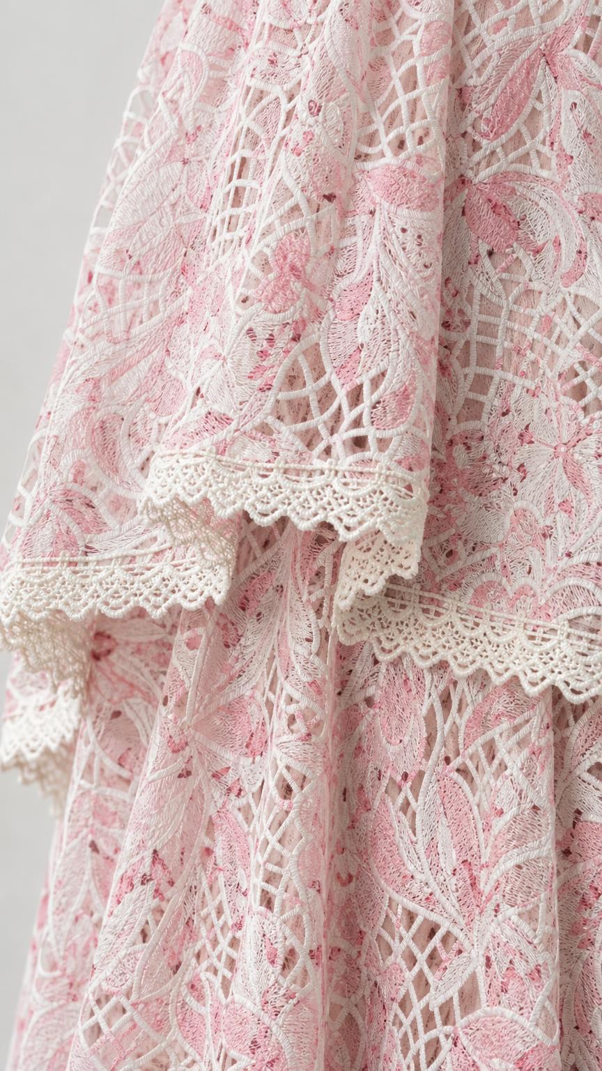 Close-up detail of floral lace pattern and scalloped hem