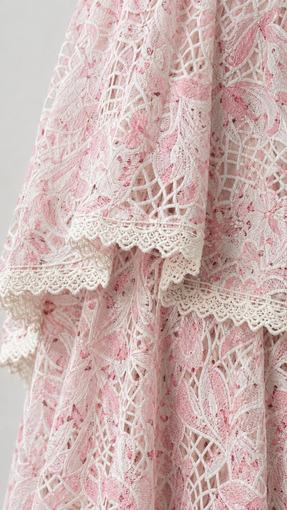 Close-up detail of floral lace pattern and scalloped hem