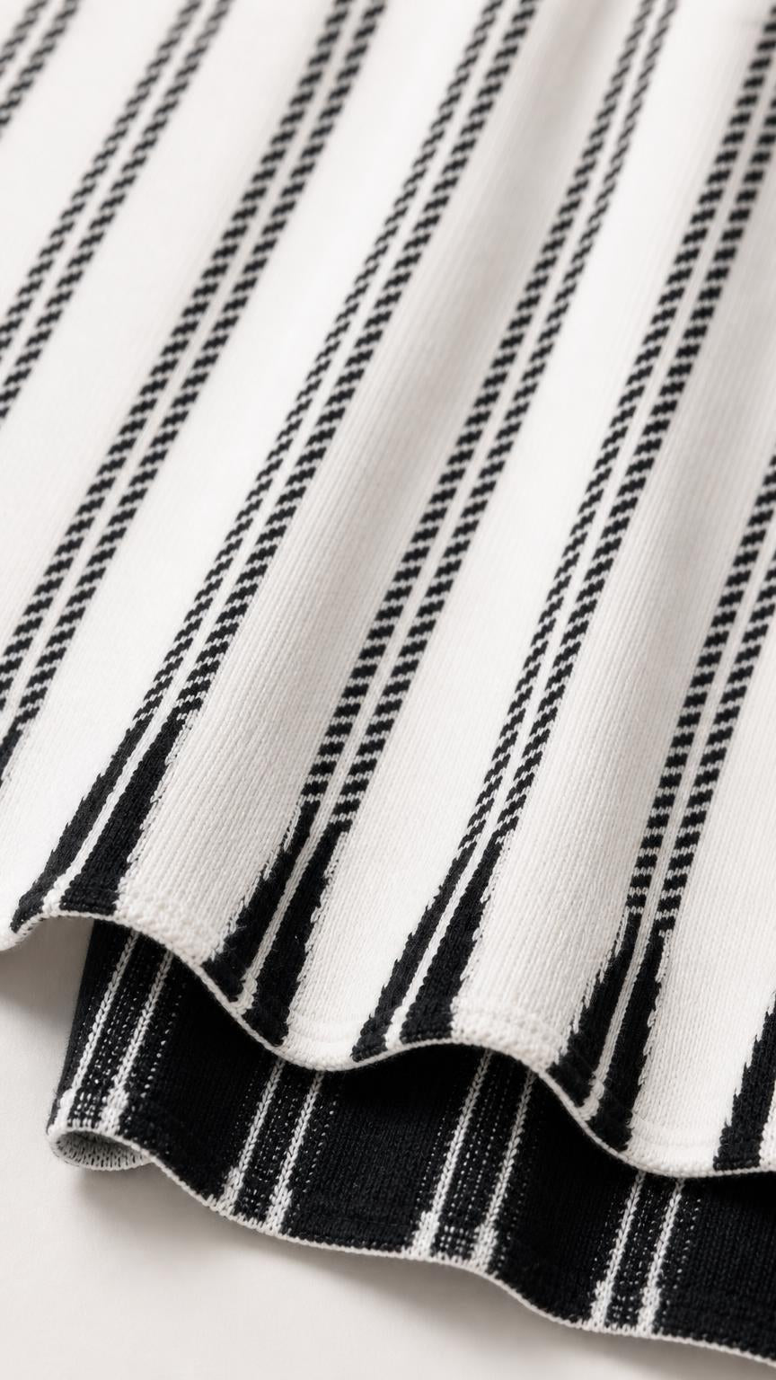 Close-up of knit texture on Black and White striped dress