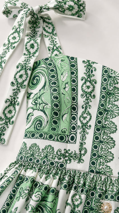 Close-up of tie strap and fabric pattern details