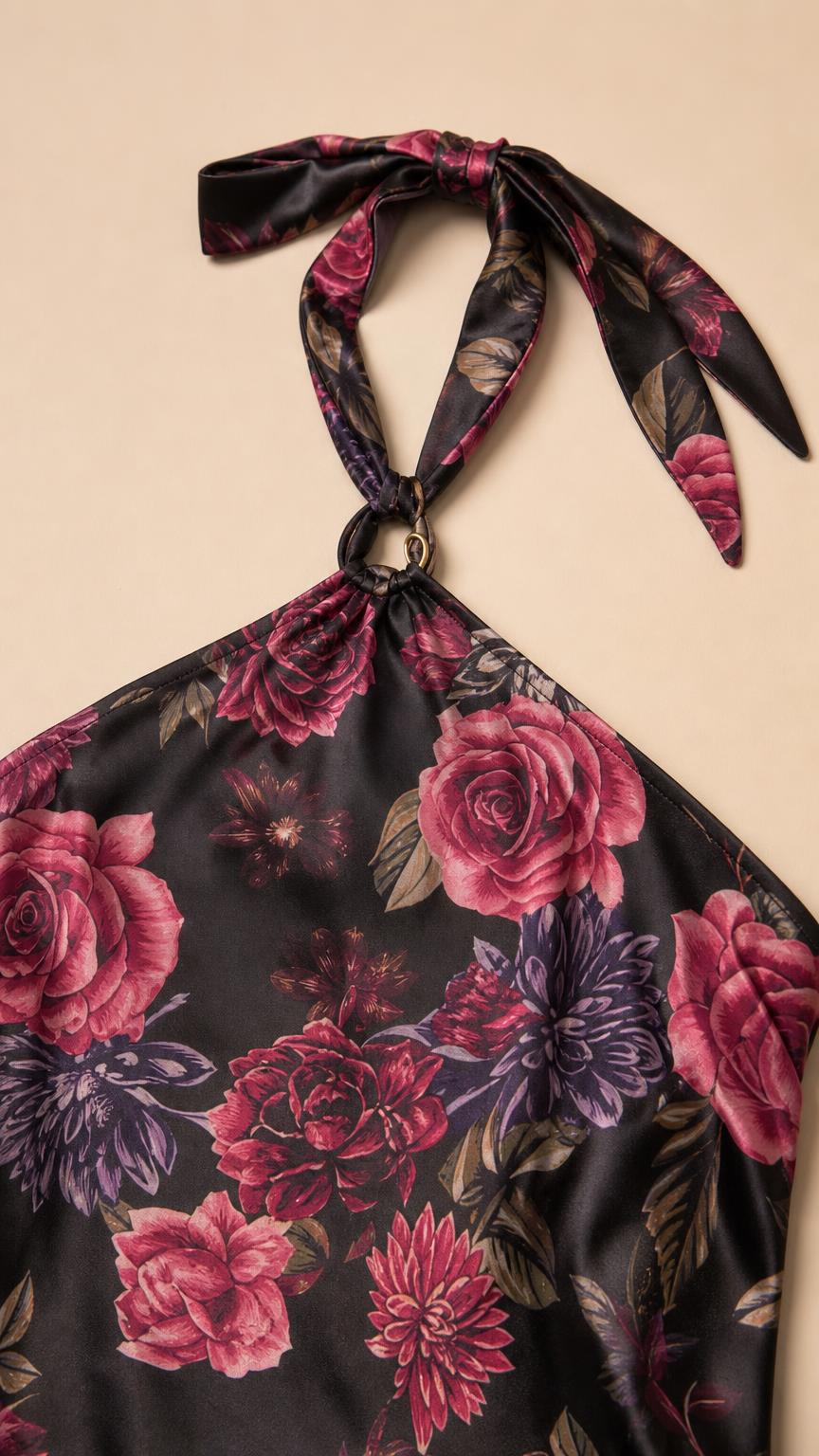Close-up detail of halter neck tie and floral pattern