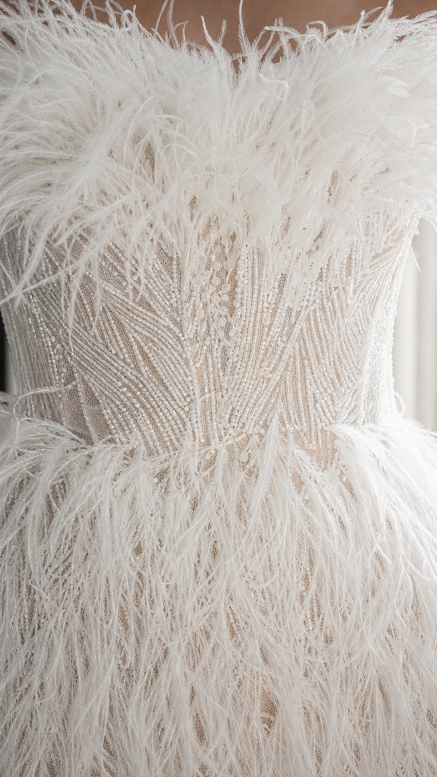 Close up of intricate beadwork and feather texture on white dress