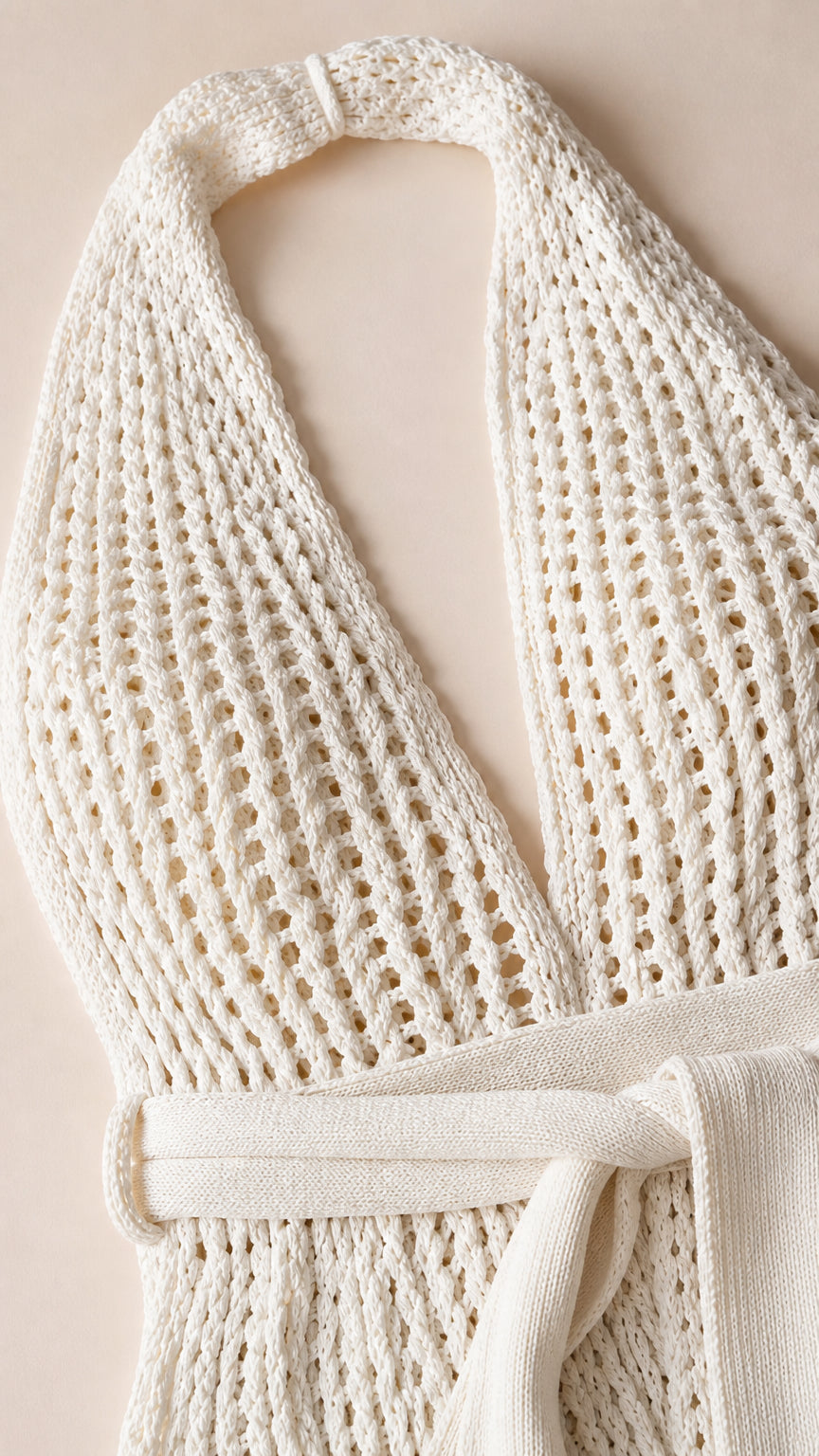 Close-up detail of ivory knit texture and tie belt