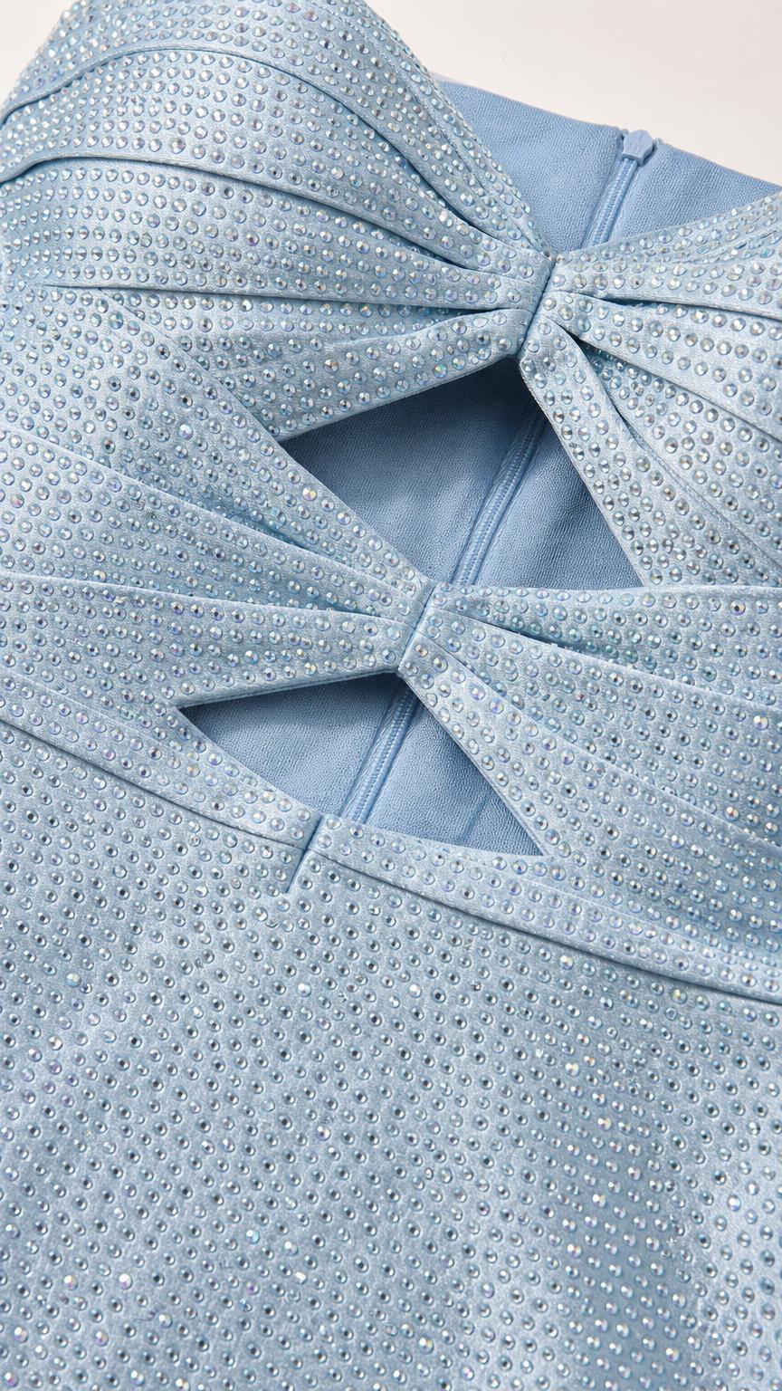 Close-up of front cutout detail on light blue dress