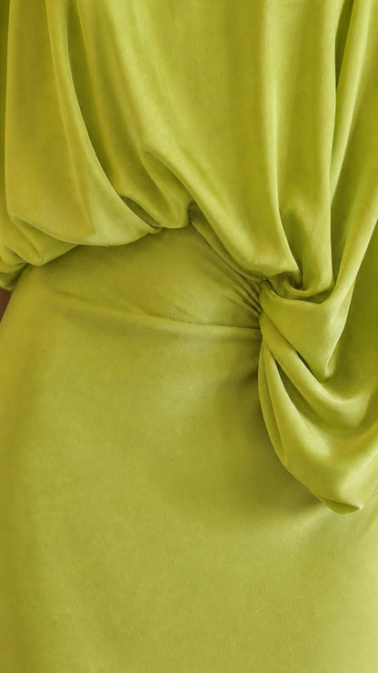 Close-up detail of side-knot waist on Lime Green dress