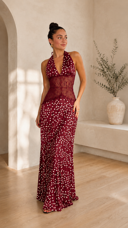 Elegance polka dot halter lace maxi dress in burgundy