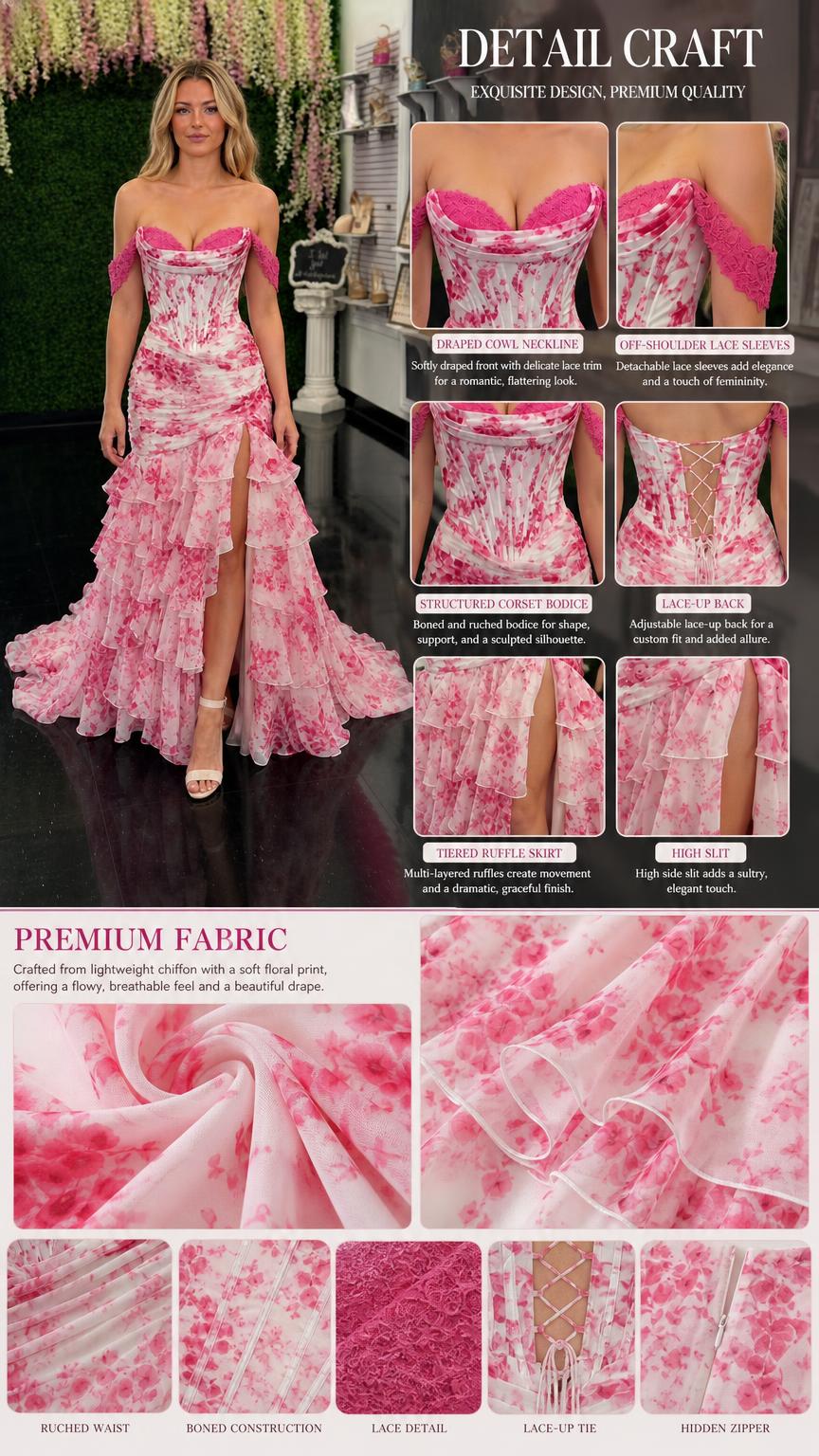 Detailed product breakdown showing bodice, sleeves, and fabric close-ups
