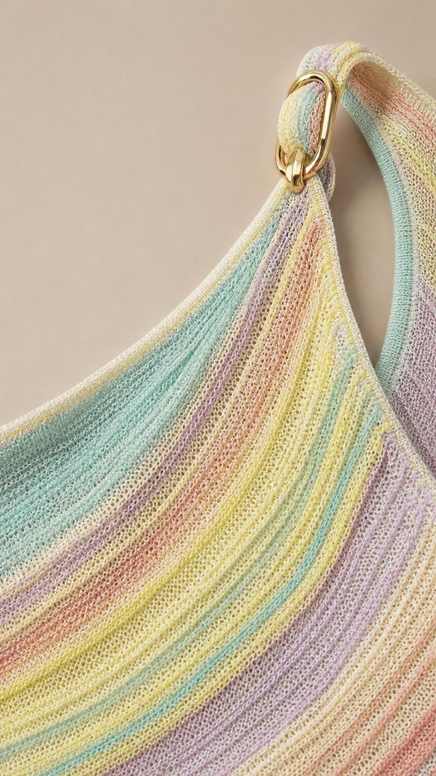 Close-up of shoulder strap with metal ring accent and knit texture